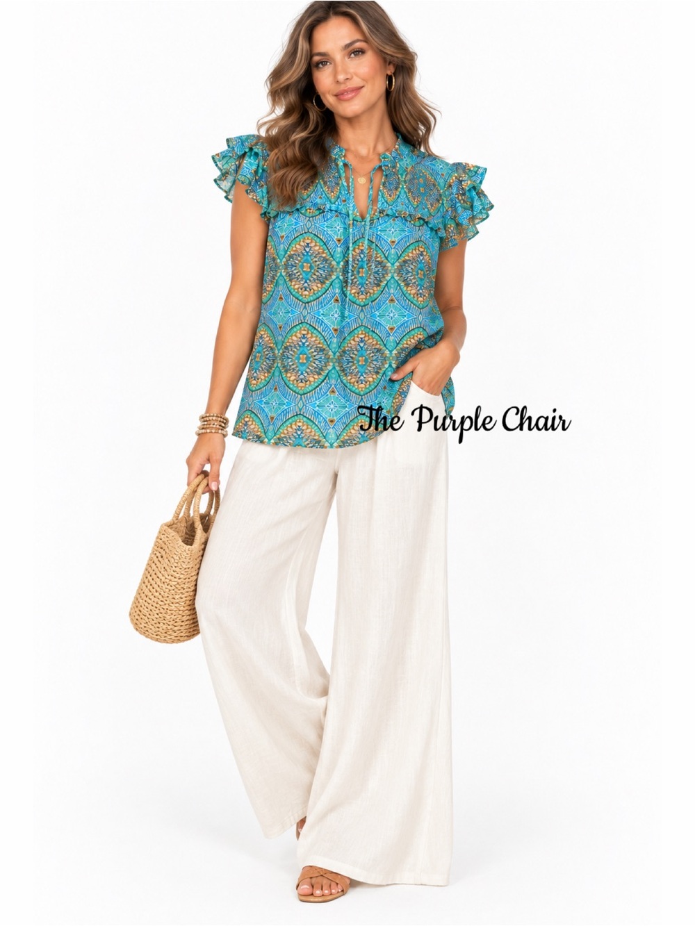CURRENT AIR ANTHROPOLOGIE NWT Blue Multi Print Linen Blend Flutter Sleeve Top S